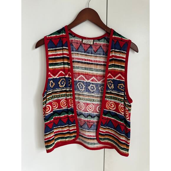 Vintage 80s Linen Graphic Print Vest Size Small Red Blue Green Artsy India Vibe - Picture 2 of 7